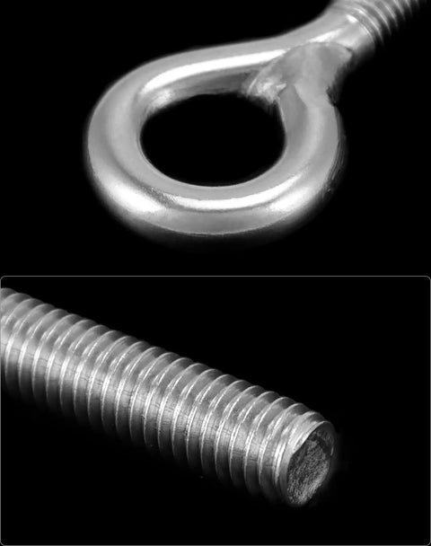 Close-up of M8 Eye Bolts Set Heavy Duty Shoulder Lifting Eyebolts, stainless steel with threaded section, for rigging and lifting applications.