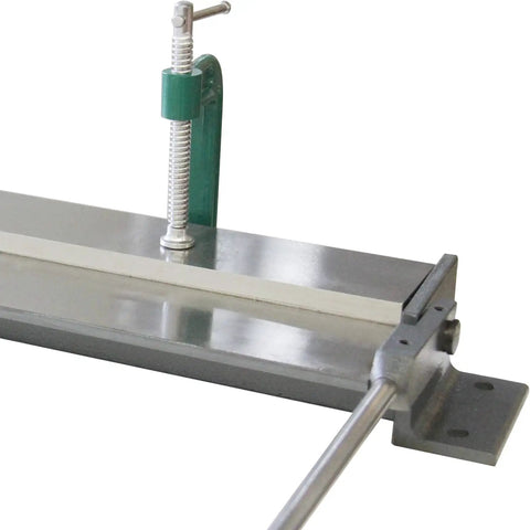 Close-up of 30-Inch Manual Sheet Metal Brake With 2 C-Clamps, Portable Steel Bender Tool, Adjustable 0-90 Degrees in steel frame.