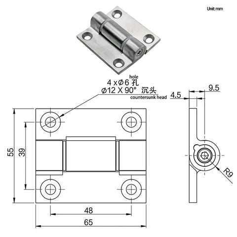 Front view of stainless steel door adjustable torque hinge, 1 piece, Amazon brand, four mounting holes.