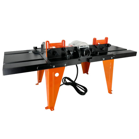 Total Game Changer Universal Benchtop Router Table With Premium Die Cast Aluminum Table Top Compatible With Any Router Up To Six Inch Base Plates For Tight Woodshop Grind on orange legs.