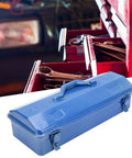 Serious Workhorse Iron Tool Chest With Adjustable Telescoping Handle And Secure Padlock Compatible Lock For Rugged Job Site Storage And Garage Gear Organization, blue metal toolbox on display.