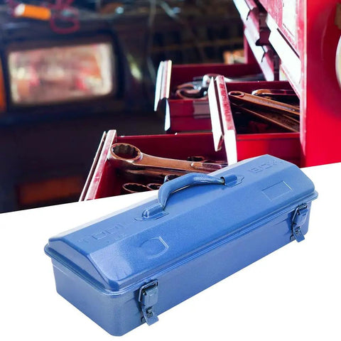 Serious Workhorse Iron Tool Chest With Adjustable Telescoping Handle And Secure Padlock Compatible Lock For Rugged Job Site Storage And Garage Gear Organization, blue metal toolbox on display.