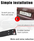 Close-up of anti-theft license plate screws kit installation on car with 8 rubber-backed foam cushions