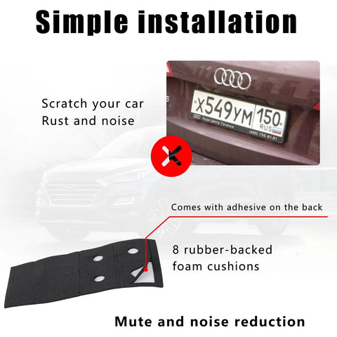 Close-up of anti-theft license plate screws kit installation on car with 8 rubber-backed foam cushions