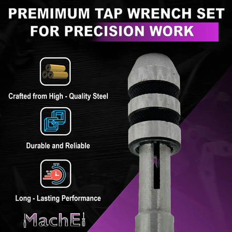 Three Piece T Handle Tap Wrench Set With Solid Collet Jaws for Effortless Tapping And Reaming displayed with features