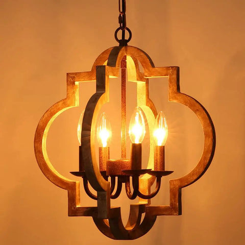 Orb Farmhouse Chandelier 4 Light Handmade Wood Rustic Vintage Pendant for dining room with warm glow, 15.7 inch diameter.