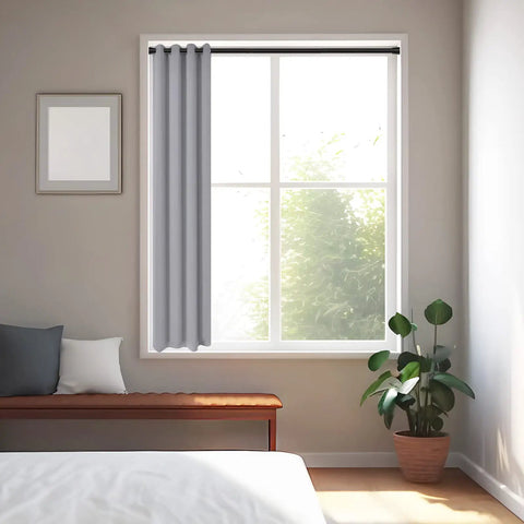 Black Tension Curtain Rod 28 To 48 Inch No Drill Adjustable Spring Rod For Windows Bathrooms Closets And Kitchens Easy Install With Secure Skid Resistant Fit installed in bedroom window