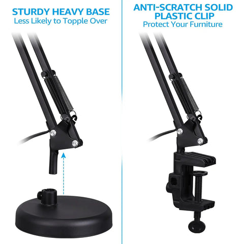 Metal Desk Lamp With Clamp And Swing Arm, showing base and anti-scratch plastic clip detail