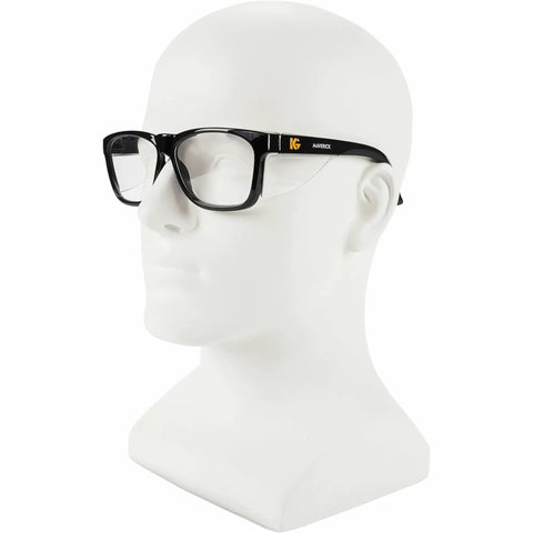 V30 Maverick Safety Glasses With Anti Fog Coating Clear Lenses Black Frame Unisex Eye Protection 99.9 Percent UVA UVB UVC Coverage ANSI Z87 Polycarbonate Lenses displayed on mannequin head.