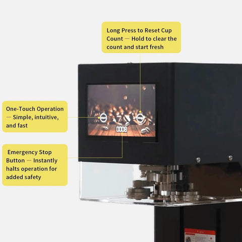 Touch screen operation of Pro Grade Automatic Soda Can Sealer For Aluminum And Plastic Cans, highlighting features.
