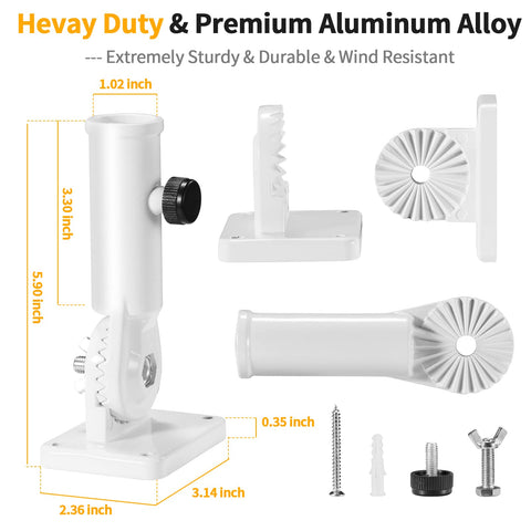 Built Tough 1 Inch Flag Pole Wall Mount Bracket With Secure Hardware Kit 180 Adjustable Premium Aluminum in white.