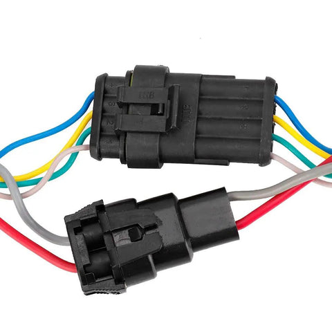 Electrical connector wires for 12V 100W Xenon Marine Spotlight With Remote Control, showing multicolored wiring and plugs.