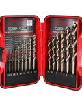 Five Percent Cobalt M35 Drill Bit Set For Tough Metals, Fifteen Piece Metric Range 1.5 To 10 Mm, displayed in open rugged case