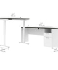 Heavy Hitter L Shaped Electric Standing Desk With Pretty Dang Smooth Motorized Lift And Scratch Resistant Deep Grey Top, dimensions shown.