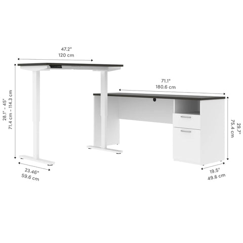 Heavy Hitter L Shaped Electric Standing Desk With Pretty Dang Smooth Motorized Lift And Scratch Resistant Deep Grey Top, dimensions shown.