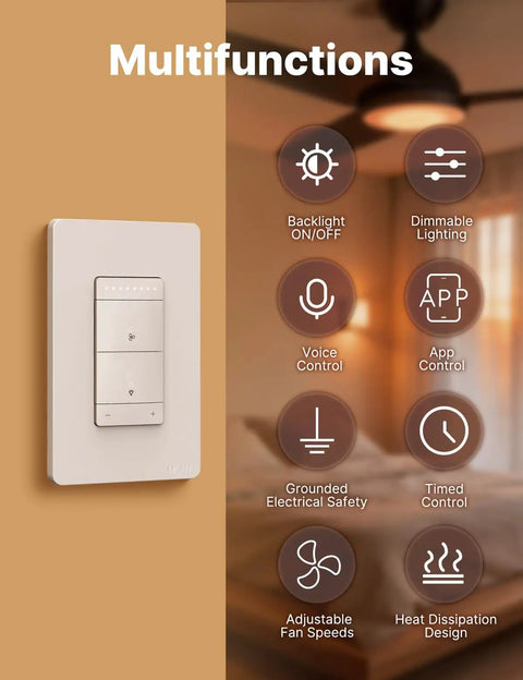 Star Ring Smart Ceiling Fan Control And Dimmer Switch, 2.4GHz WiFi Smart Switch shown with multifunction icons in background