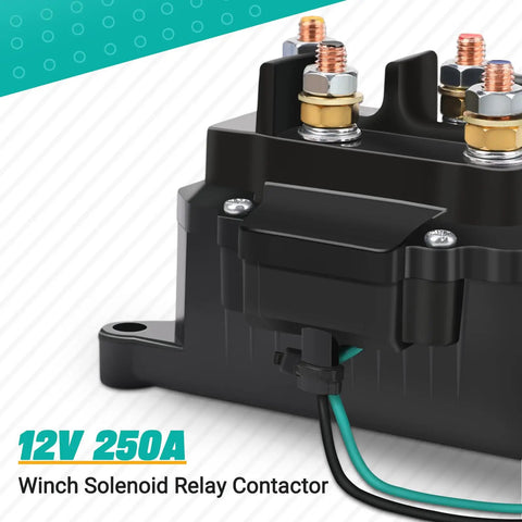 Close-up of a black 12V 250A winch solenoid relay contactor with copper terminals and wires for ATV UTV use.