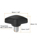 4 Pack Tee Wing Thumb Screws With M8 By 12mm Male Threads In Smooth Black Zinc, measuring 36mm x 25mm; ideal for workshop use.