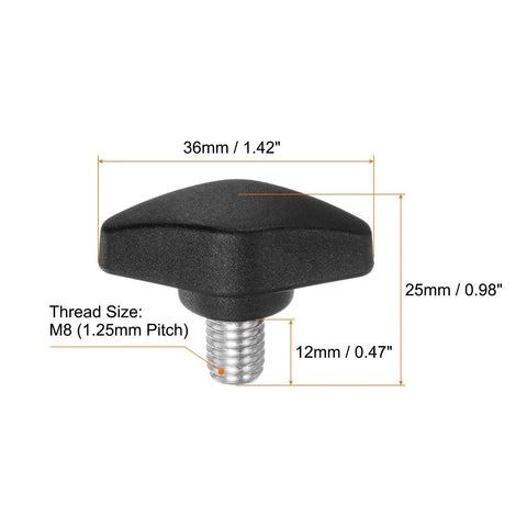 4 Pack Tee Wing Thumb Screws With M8 By 12mm Male Threads In Smooth Black Zinc, measuring 36mm x 25mm; ideal for workshop use.