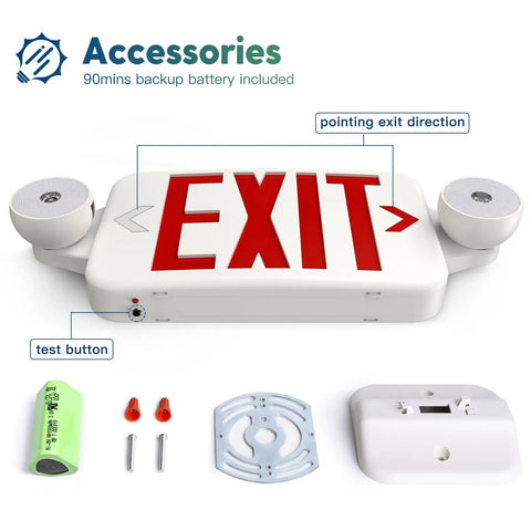 Two Pack Exit Sign With Emergency Lights And Battery Backup showing accessories and LED adjustable head emergency lights