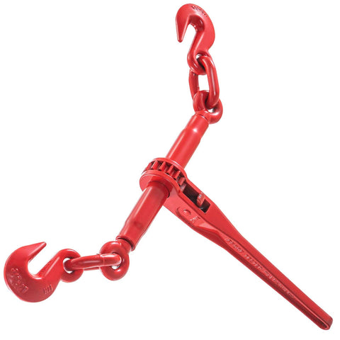 2 Pack Ratchet Tie Down Binders Set, 9215 Lbs Working Load, 3 Eighths To 1 Half Inch Chains, G70 Hooks, Adjustable Length, Red