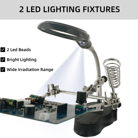 Soldering Station Magnifier With Led Light 3.5X And 12X Magnifying Glass, Auxiliary Clips And Alligator Clamp in use on circuit board