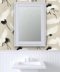 Premium Bird Pattern Large Scale Pvc Free Wallpaper Featuring Hella Durable Matte Linen Texture Perfect For Kitchen Bathroom Hallway Mudroom And Laundry Rooms Plus Easy Paste To Paper Application And Pro Install Tips on bathroom wall with mirror.