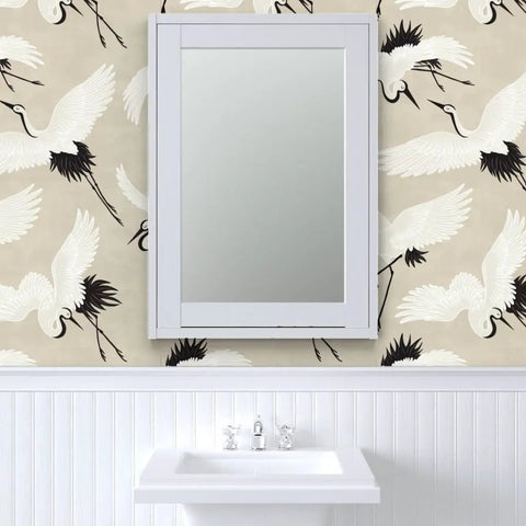 Premium Bird Pattern Large Scale Pvc Free Wallpaper Featuring Hella Durable Matte Linen Texture Perfect For Kitchen Bathroom Hallway Mudroom And Laundry Rooms Plus Easy Paste To Paper Application And Pro Install Tips on bathroom wall with mirror.
