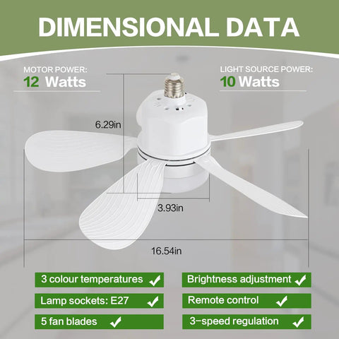 Socket Ceiling Fan Light With Remote Control, Portable Small Ceiling Fan With Dimming, 1000 Lumens, E26 E27, 16.54 Inch