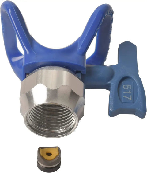 Professional Airless Paint Spray Gun Forged From Tough Aluminum And Equipped With A Blue 517 Tip, showcasing the tip and nozzle detail.