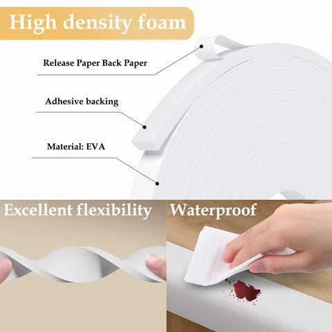 High density foam roll showing adhesive backing and waterproof features for Top Tier White Weather Stripping Tape For Doors And Windows Self Adhesive High Density Foam Roll 16 4 Feet Rock Solid Grip Gap Filler Soundproof Thermal Insulation Seal.