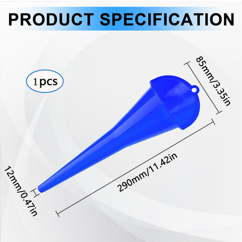 Long Neck Oil Funnel For Cars And Trucks, Built Tough Plastic Universal Pouring Tool For Oil Gas And Lubricants, dimensions labeled
