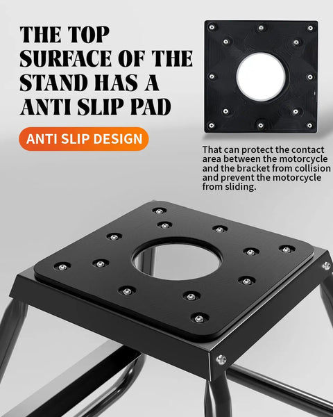 Close-up of Beefy Universal Dirt Bike Stand, Detachable Powder Coated Anti Slip Steel MX Box For Off Road Maintenance, top view