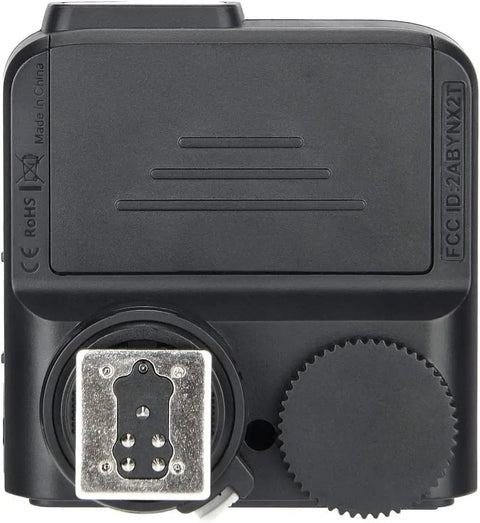 Back view of Canon TTL Wireless Flash Trigger With Bluetooth App Control showing control wheel, locking hotshoe, and robust design.