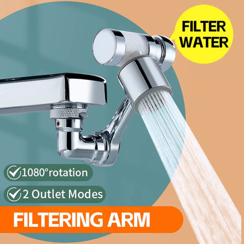 1080 Degree Rotating Faucet Extender With Copper Body And Four Layer Filter attached, water flowing, close-up view