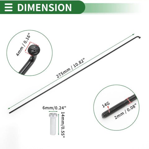 Universal Bicycle Spokes 14G 275mm Length Carbon Steel Black Set dimensions and details, showing thread, elbow, and nipples.