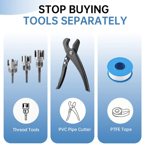 Three Size Pipe Threader Kit for Plumbing Repairs with cutters, PVC pipe cutter, PTFE tape for quick DIY fittings and maintenance