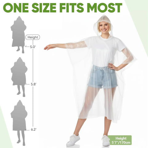 Clear disposable rain poncho with hood on adult model; one-size-fits-all for camping, hiking, travel. Height chart for sizing guide.