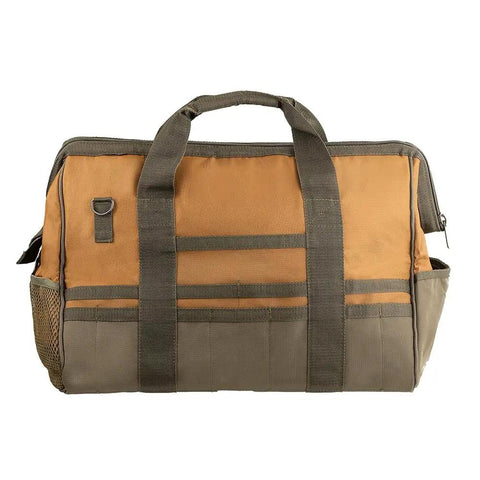 Gatemouth 20 Inch Tool Bag Brown With Wide Zip Opening And 36 Pockets Front Tech Pocket For Tablet Rugged Webbing Handles Built To Last