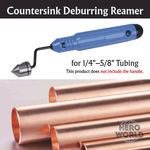 Countersink Deburring Reamer for 1/4–5/8 inch copper tubing shown with copper pipes, ergonomic design not shown.