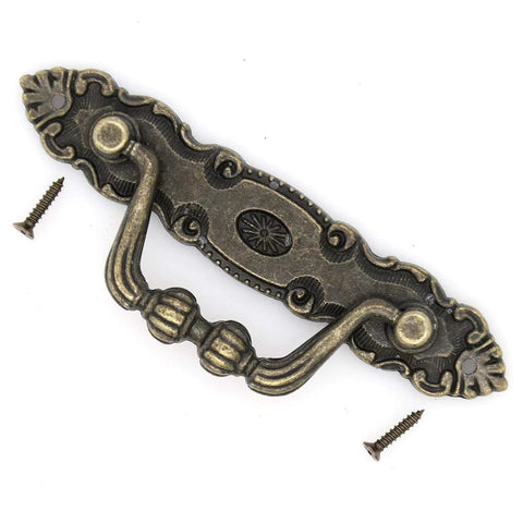 Set Of Four Vintage Brass Bail Pulls For Drawers Cabinets And Dressers With Antique Distressed Finish Drop Handle Design, screws visible