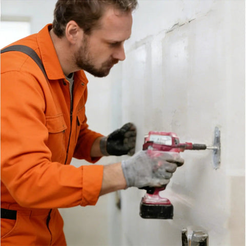 Worker using a power drill on a wall while wearing gloves, demonstrating installation for Heavy Duty Stainless Steel Blind Rivets 100 Piece Set 11/64 X 13/64 Inch Dome Head Fasteners Rock Solid Grip For Sheet Metal Projects And Hardware Builds Dead Easy To Install With Zero Sweat On DIY Jobs Or Pro Repairs.