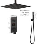 Badass Matte Black Ceiling Mount Shower System With Digital Display Mixer Tap And Ultra Thin Rainfall Head. 8 inch head diagram.