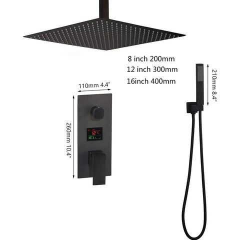 Badass Matte Black Ceiling Mount Shower System With Digital Display Mixer Tap And Ultra Thin Rainfall Head. 8 inch head diagram.