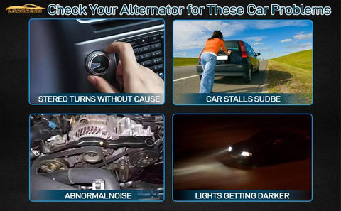 Signs of alternator issues: stereo turns on randomly, car stalls, abnormal engine noise, headlights dimming at night.