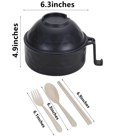 Ramen Cooker Bowl With Built In Handles And Chopsticks, 33oz Microwave Noodle Bowl For Dorm Rooms, sleek black, with utensils