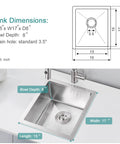 Diagram and photo of 15 Inch Bar Sink Undermount Bar Prep Kitchen Sink With Single Bowl, Heavy Duty 18 Gauge T304 Stainless Steel