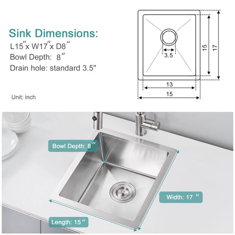 Diagram and photo of 15 Inch Bar Sink Undermount Bar Prep Kitchen Sink With Single Bowl, Heavy Duty 18 Gauge T304 Stainless Steel