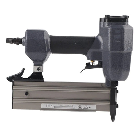 Rock Solid Heavy Duty Pneumatic Brad Nailer And Air Powered Stapler for woodworking, featuring sturdy gray aluminum construction.
