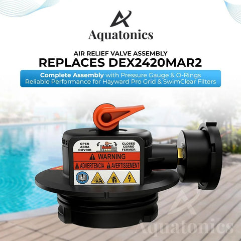 Aquatonics air relief valve assembly with orange lever, pressure gauge and O-rings for Hayward pool filters